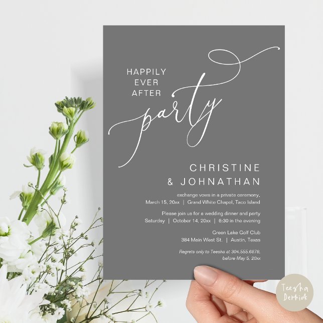 Das neue Party von Mr. und Mrs. Einladung (Happily ever after, Wedding Elopement Dinner Party Lunch Brunch Invitation Card, PDF, Dark Grey)