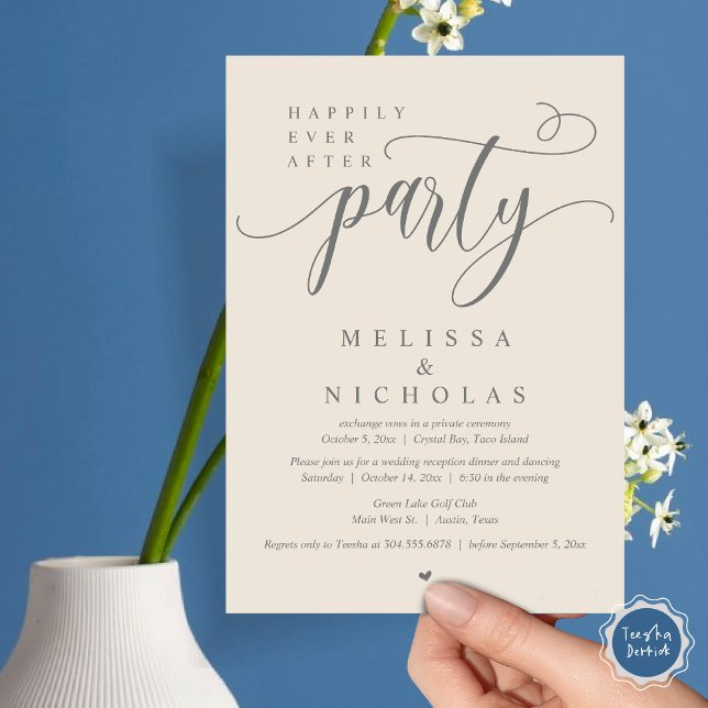 Das neue Party von Mr. und Mrs. Einladung (Happily ever after, Wedding Elopement Dinner Party Lunch Brunch Invitation Card, PDF, Grey Cream)