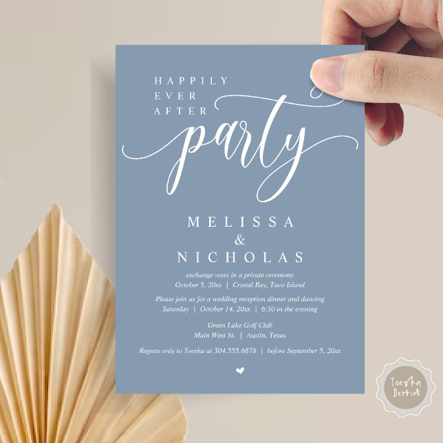 Das neue Party von Mr. und Mrs. Einladung (Happily ever after Wedding Elopement Dinner Party dancing Invitation Card, PDF, Dusty Blue)