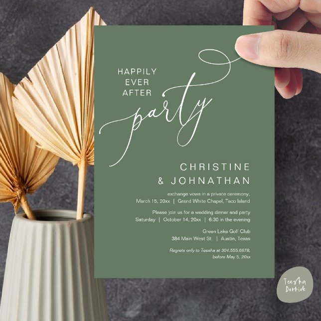 Das neue Party von Mr. und Mrs. Einladung (Happily ever after Wedding Elopement Dinner Party Brunch Invitation Card, PDF, Forest Sage Green)