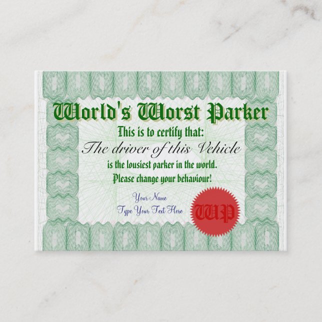 Das Parker der Welt schlechtestes schlechtes Visitenkarte (Vorderseite)