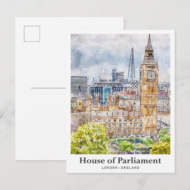Das Parlament London Watercolor Hand Drawn Postkarte (Vorne/Hinten)