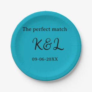 Das perfekte Match-Paar Name Buchstabe Datum blau Pappteller