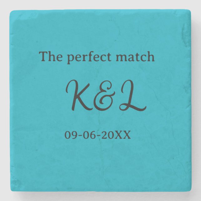 Das perfekte Match-Paar Name Buchstabe Datum blau  Steinuntersetzer (Vorderseite)
