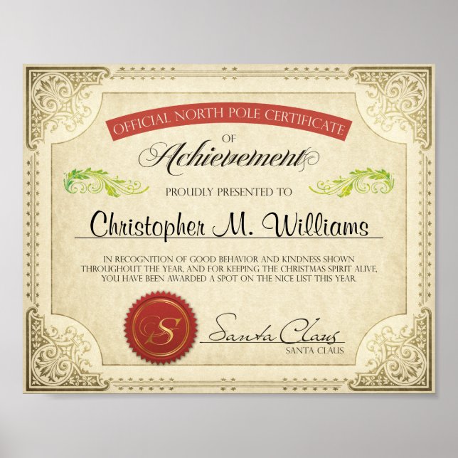 Das Personalisierte Zeugnis des Weihnachtsmannes,  Poster (Vorne)