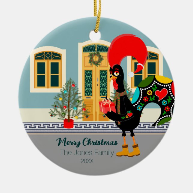 Das portugiesische Rooster mit einem Weihnachtsges Keramik Ornament (Vorne)