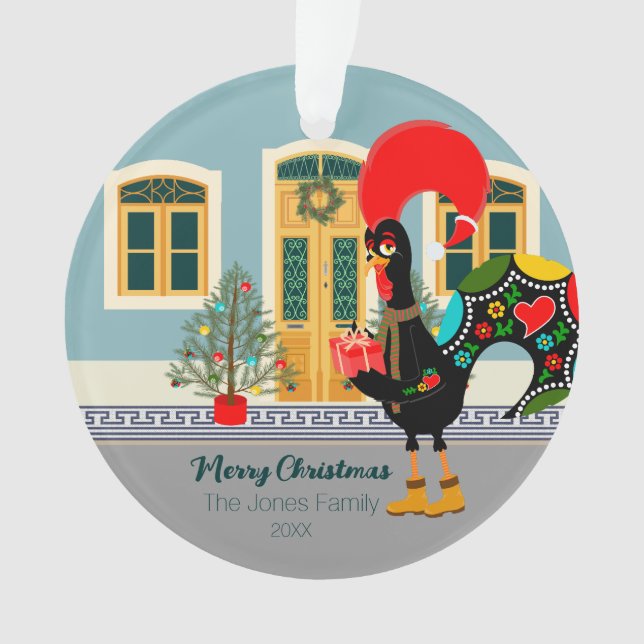 Das portugiesische Rooster mit einem Weihnachtsges Ornament (Vorderseite)