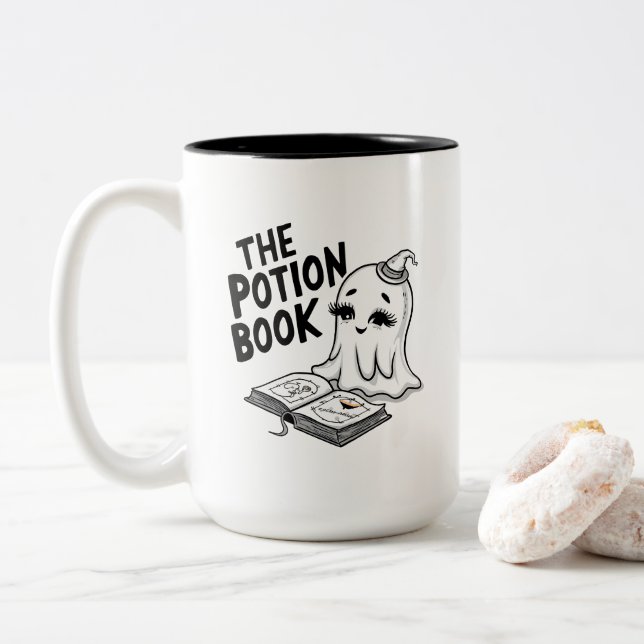Das Posenbuch zu Halloween Zweifarbige Tasse (Mit Donut)
