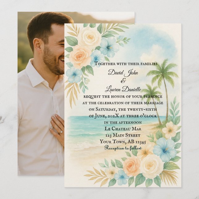 Das preisgünstige Floral Beach Foto Hochzeit Einla Einladung (Vorne/Hinten)
