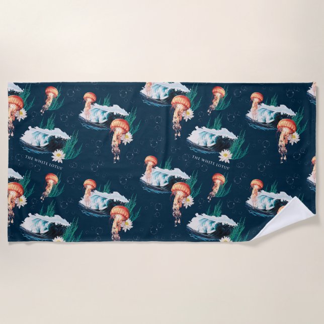 Das Quallen-Muster des weißen Lotus Ocean Strandtuch (Vorderseite)