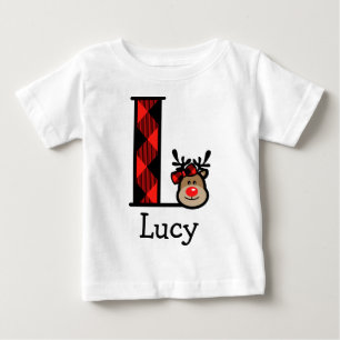 Das Ren-Weihnachtskarierte Bodysuitinitiale L des Baby T-shirt