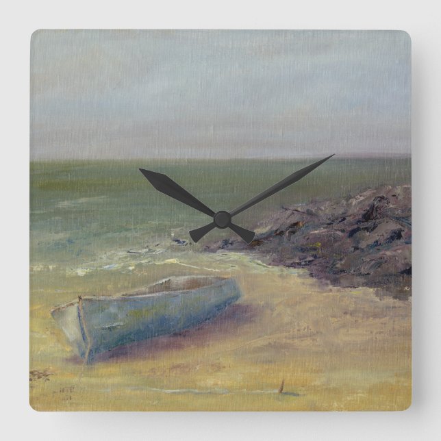 Das Rollen-herein - Boot der Gezeiten auf dem Ufer Quadratische Wanduhr (Vorderseite)