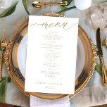 Das romantische Hochzeitsmenü für Goldtypografie<br><div class="desc">Einfache weiße trendy minimalistische kalligraphische Skript benutzerdefinierte Textvorlage BUDGET erschwingliche Hochzeitsmenü-Karte.</div>