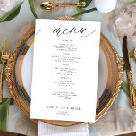 Das romantische Schwarz-Weiß-Hochzeitsmenü<br><div class="desc">Einfache Schwarz-Weiß-Trend minimalistisch Kalligraphie Skript benutzerdefinierte Textvorlage BUDGET erschwingliche Hochzeitsmenu Karte.</div>
