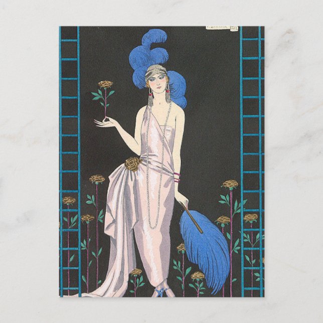 Das Rose-Abend-Kleid von George Barbier Postkarte (Vorderseite)