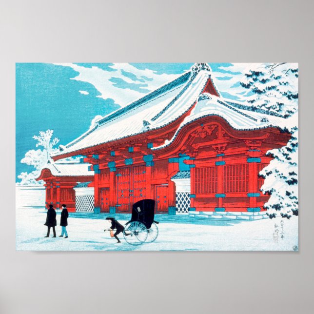Das rote Tor von Hongo in Snow von Hiroaki Takahas Poster (Vorne)