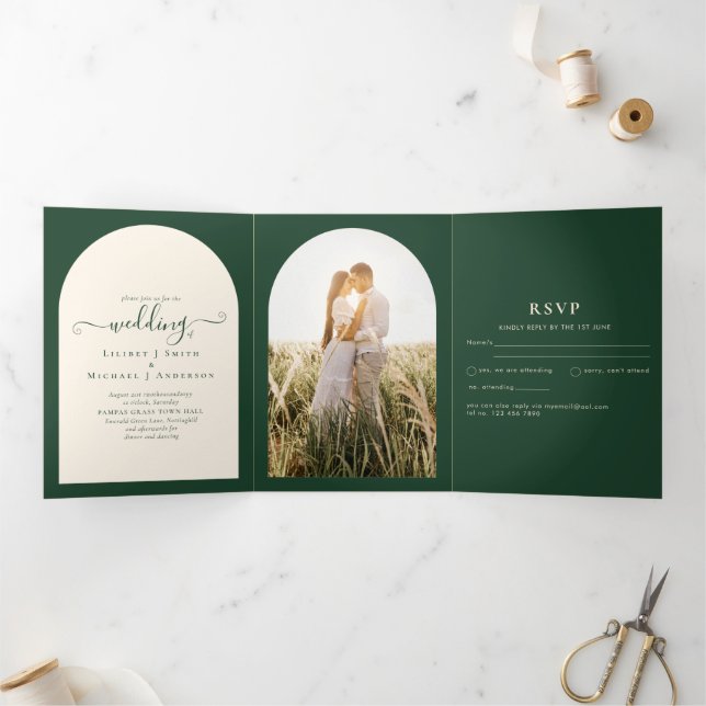 Das RSVP-FOTO des Emerald Green Wedding Program Dreifach Gefaltete Einladung (Innenseite)