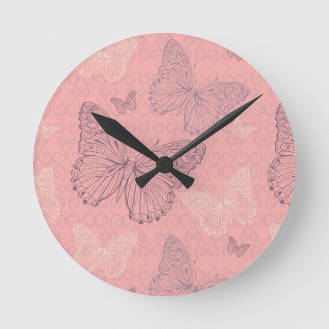 Das Schmetterlings-Rosa Runde Wanduhr (Vorderseite)