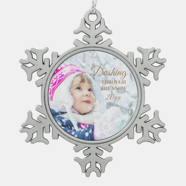 Das schneesichere Weihnachtsfest im Foto Schneeflocken Zinn-Ornament (Vorderseite)