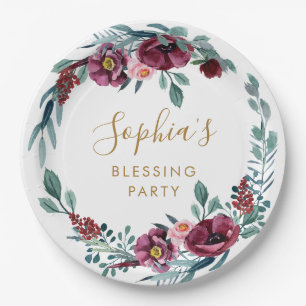 Das Segen-Party der burgundy Floral Mother Pappteller