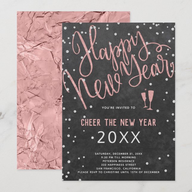 Das Silvester Rose Gold Chalkboard Party Einladung (Vorne/Hinten)