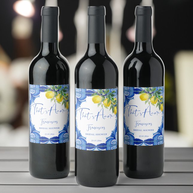 Das sind mehr blaue Fliesen Zitronen Italienisch Weinetikett (That's amore blue tiles lemons vintage Italian bridal shower personalized printed wine labels)