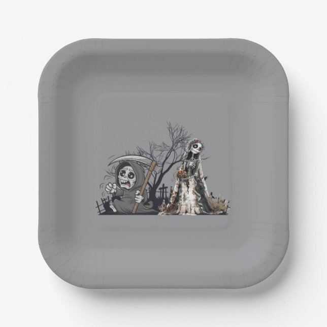 Das Skelett und die Corpse Bride. Pappteller (Vorderseite)