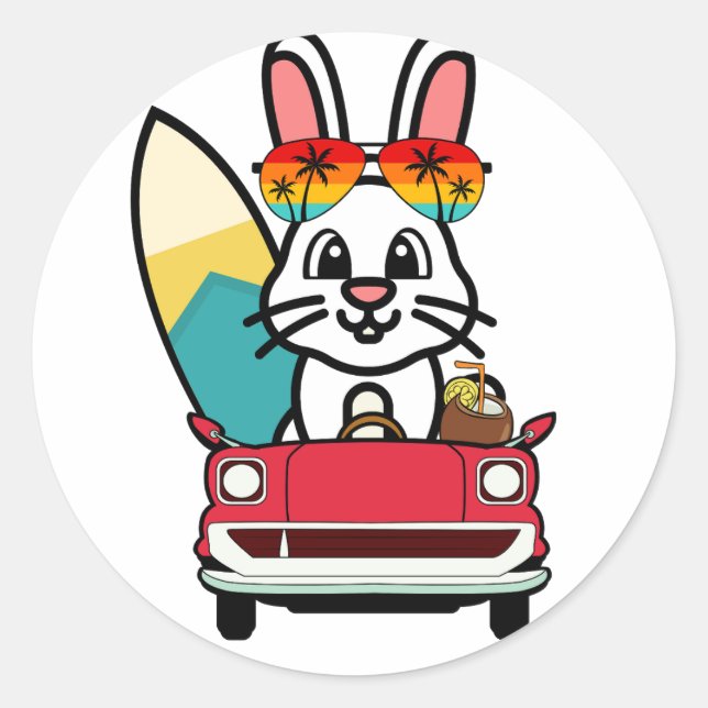 Das sonnige weiße Kaninchen fährt zum Strand Runder Aufkleber (Vorderseite)