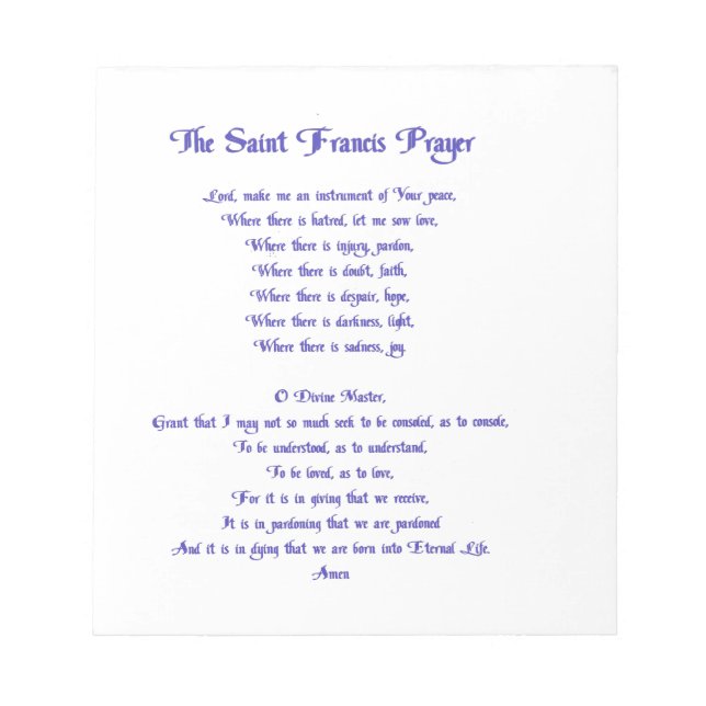 Das St. Francis Gebet Notizblock (Vorderseite)