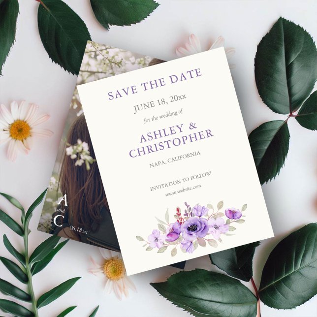 Das stilvolle Lavender Floral Bouquet Foto Wedding Save The Date (Von Creator hochgeladen)