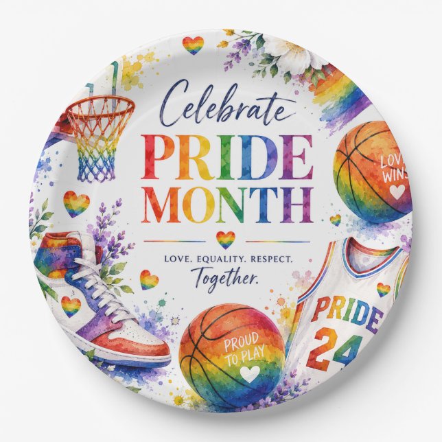 Das Stolz-Basketball-Regenbogendesign Pappteller (Vorderseite)