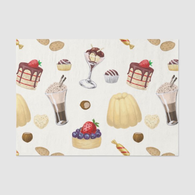 Das süße Muster mit verschiedenen Desserts. Seidenpapier (Vorderseite)
