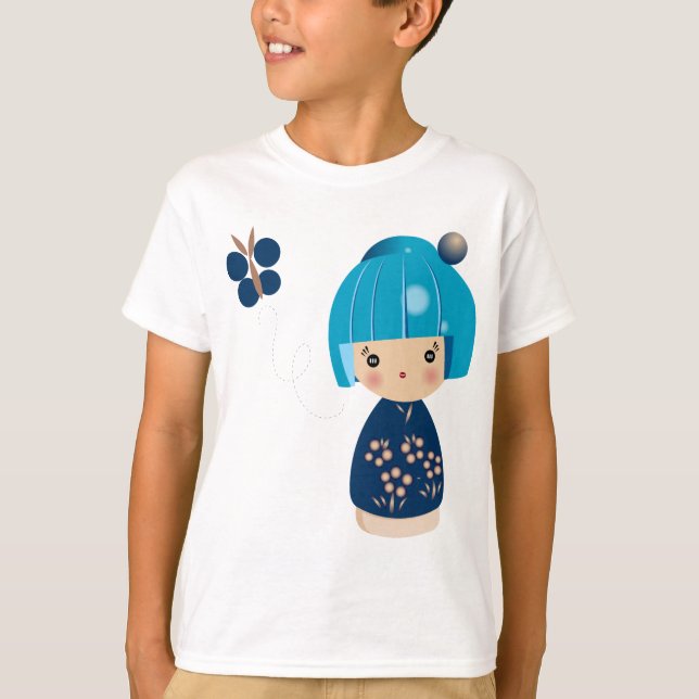 Das T-Shirt der blaue Kokeshi Dreiergruppe-Kinder (Vorderseite)