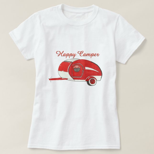 Das T-Shirt der roten Teardrop-Campings-Frauen (Design vorne)