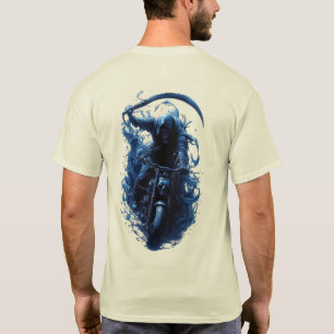 Das T-Shirt mit dem Sensenmann-Biker auf einem Mot