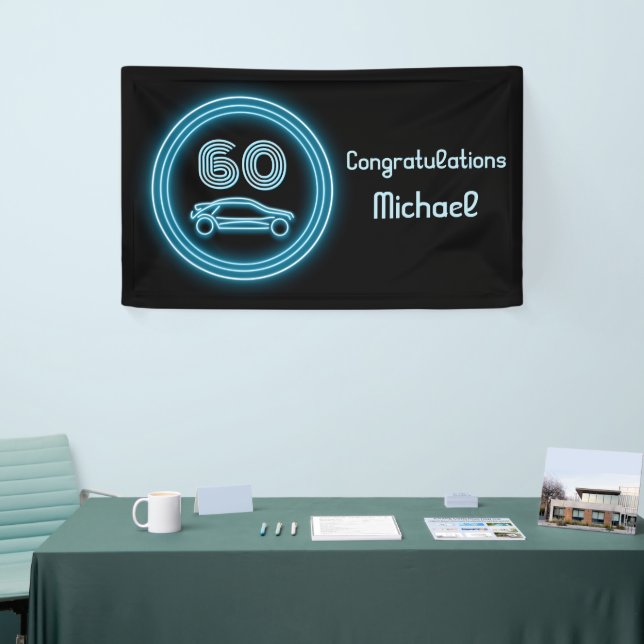 Das Thema "Neon" Blue auf dem Black Custom Man Banner (Messeveranstaltung)