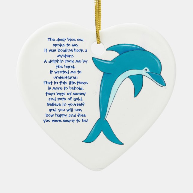 Das tiefe blaue Meer sprach mit mir, Delphinherz Keramik Ornament (Vorne)