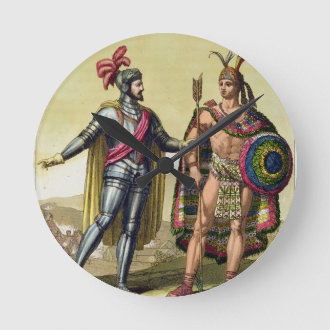 Das Treffen zwischen Hernando Cortes (1485-1547) Runde Wanduhr (Vorderseite)