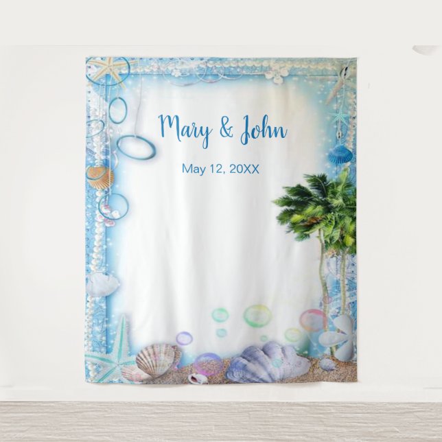 Das Tropical Beach Seashell Wedding Foto im Hinter Wandteppich (Vorderseite)