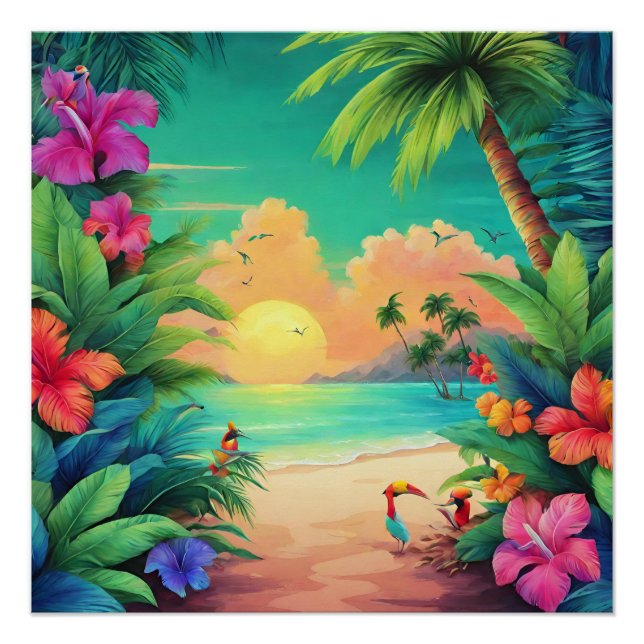 Das Tropical Beach Sunset mit Hibiskus-Blume Poster (Vorderseite)
