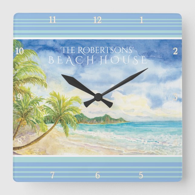 Das tropische Paradise Beach House Palmen Quadratische Wanduhr (Vorderseite)