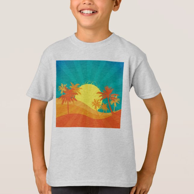 Das tropische Retro-Design des Sunset Beach T-Shirt (Vorderseite)