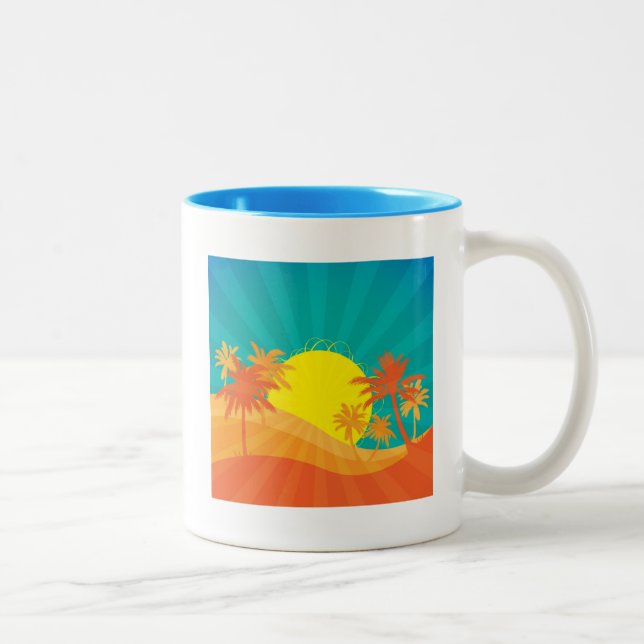 Das tropische Retro-Design des Sunset Beach Zweifarbige Tasse (Rechts)