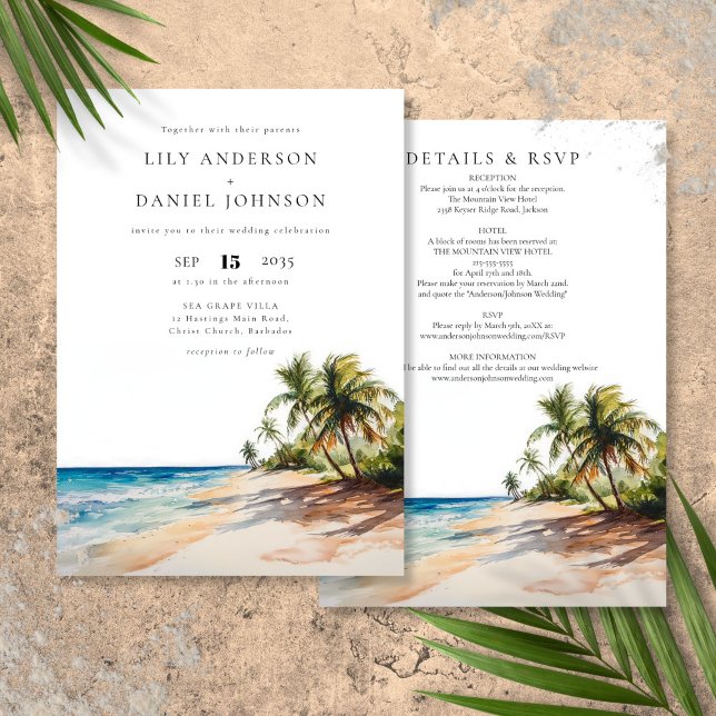 Das tropische Strandziel in einer Hochzeit Einladung (Tropical Beach Destination All In One Wedding Invitation)