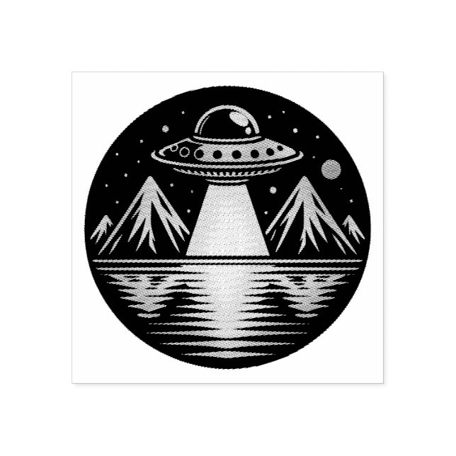 Das Ufo im Gebirge, das im Wasser reflektiert Gummistempel (Prägung)