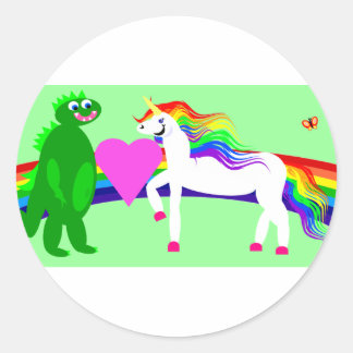 Das Unicorn sieht den Dinosaurier Runder Aufkleber