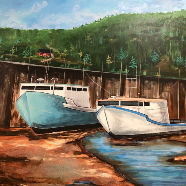 Das ursprüngliche handgemalte Werk des Fischerdorf Glasuntersetzer (Fishing Village At Low Tide. Unique Acrylic Painting, Serene,, I enjoyed Painting this.)