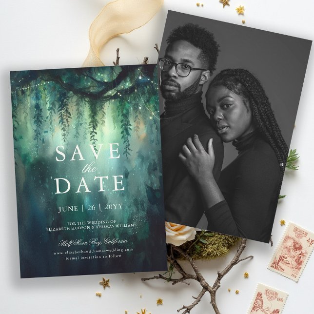 Das verzauberte Waldmagic-Foto Hochzeit retten das Einladung (enchanted forest save the date photo wedding emerald green gold fairytale fairy greenery woodland)