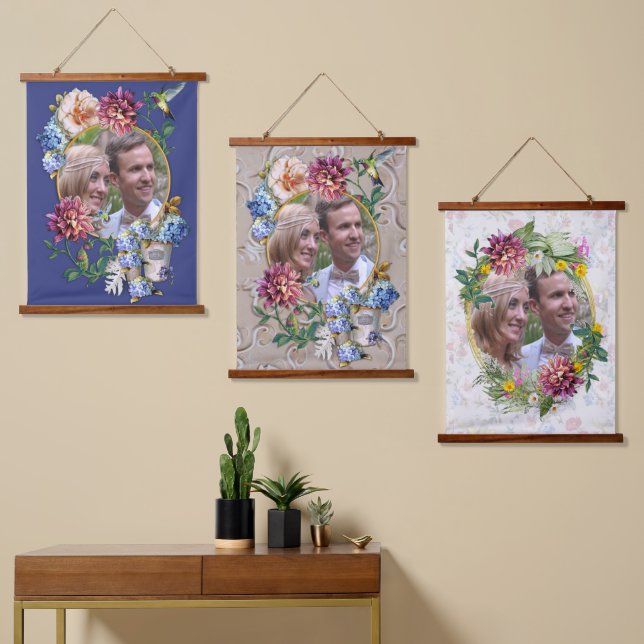 Das Viktorianische, florale Aquarellband Wandteppich Mit Holzrahmen (Asymmetrisch)