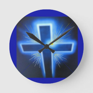 Das von hinten beleuchtete blaue Kreuz Runde Wanduhr